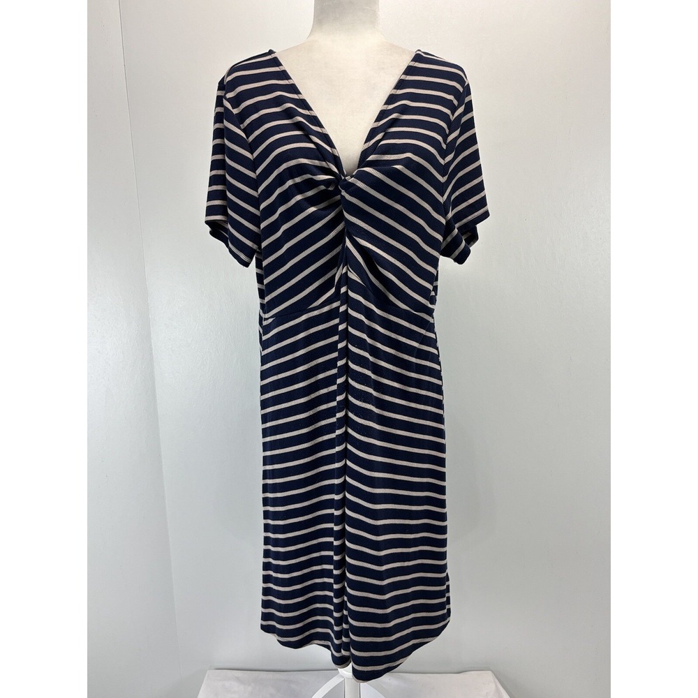 Torrid Mini Rib Knit Twist Front Skater Dress Sz 3 3X Plus Navy Taupe Striped